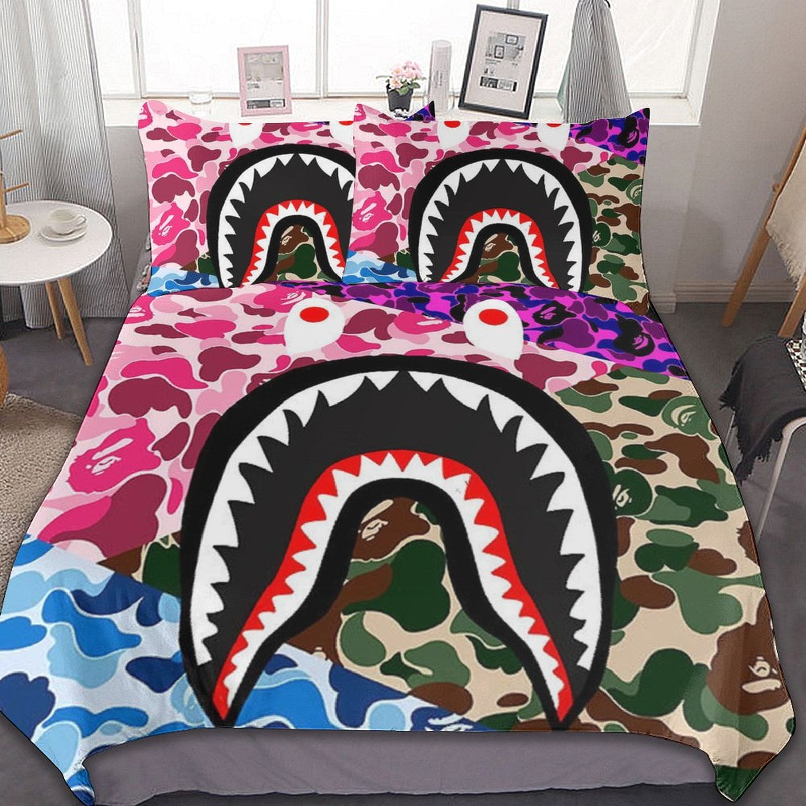 Bape Camo Shark 3-Piece Bedding Set 86 inchx70 inch Duvet Cover & 2 Pillow Shams Set Soft Bed Sheets, Size: 86 x 70, Black