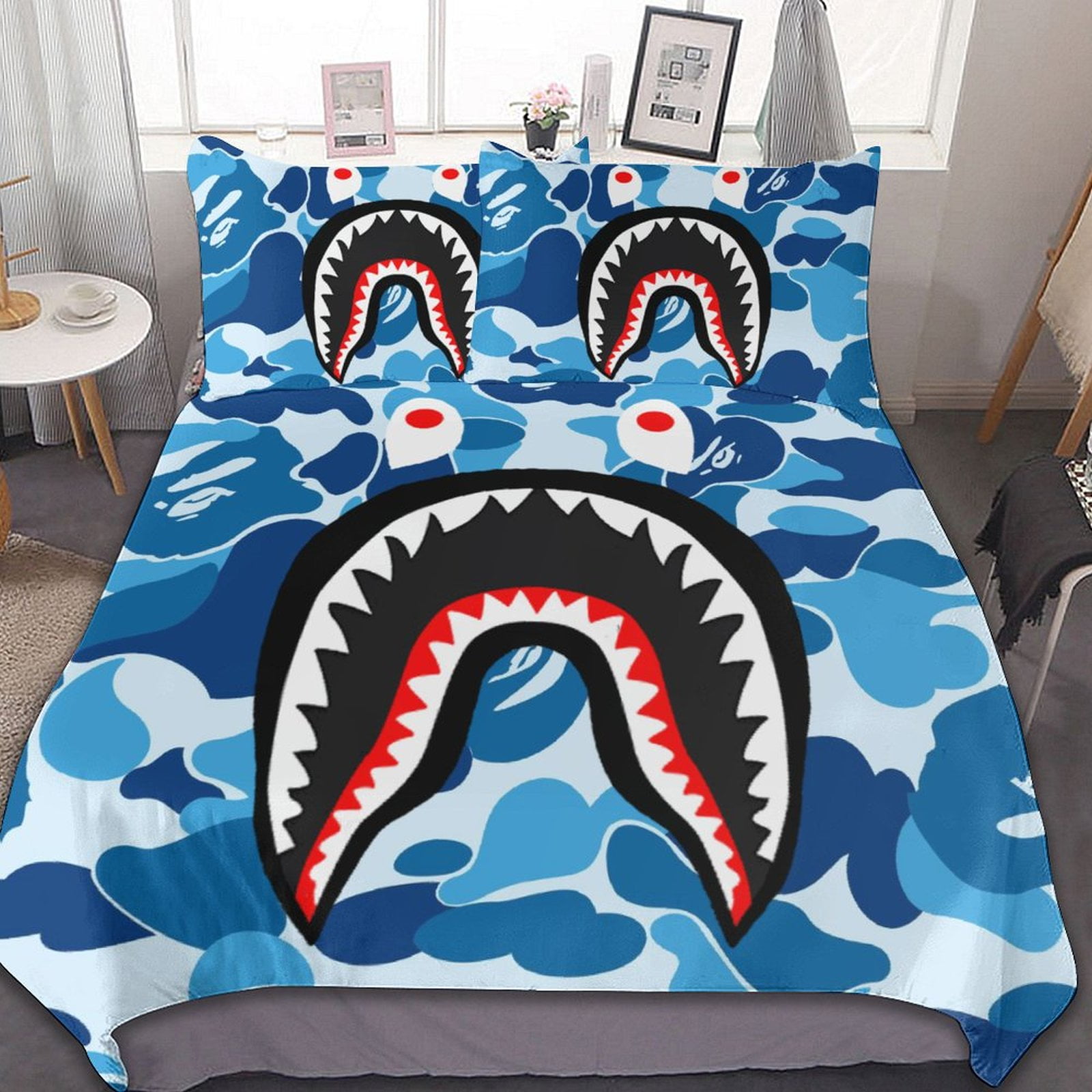 BAPE Camo Shark 3 Piece Bedding Set 90 x90 Duvet Cover 2 Pillow Shams Set Soft Bed Sheets