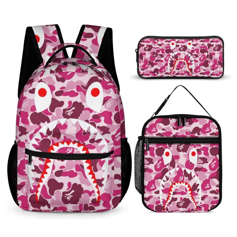 BAPE Camo Shark 3PCS Casual Backpack Set Bookbag + Pencil Case + Lunch ...