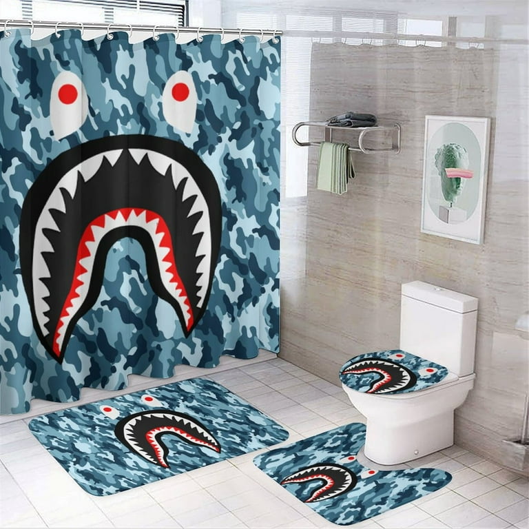 Bape Camo Shark 4pcs Bathroom Sets Shower Curtain Sets with Toilet Lid Cover U Shaped Mat and Bath Mat Size One size White