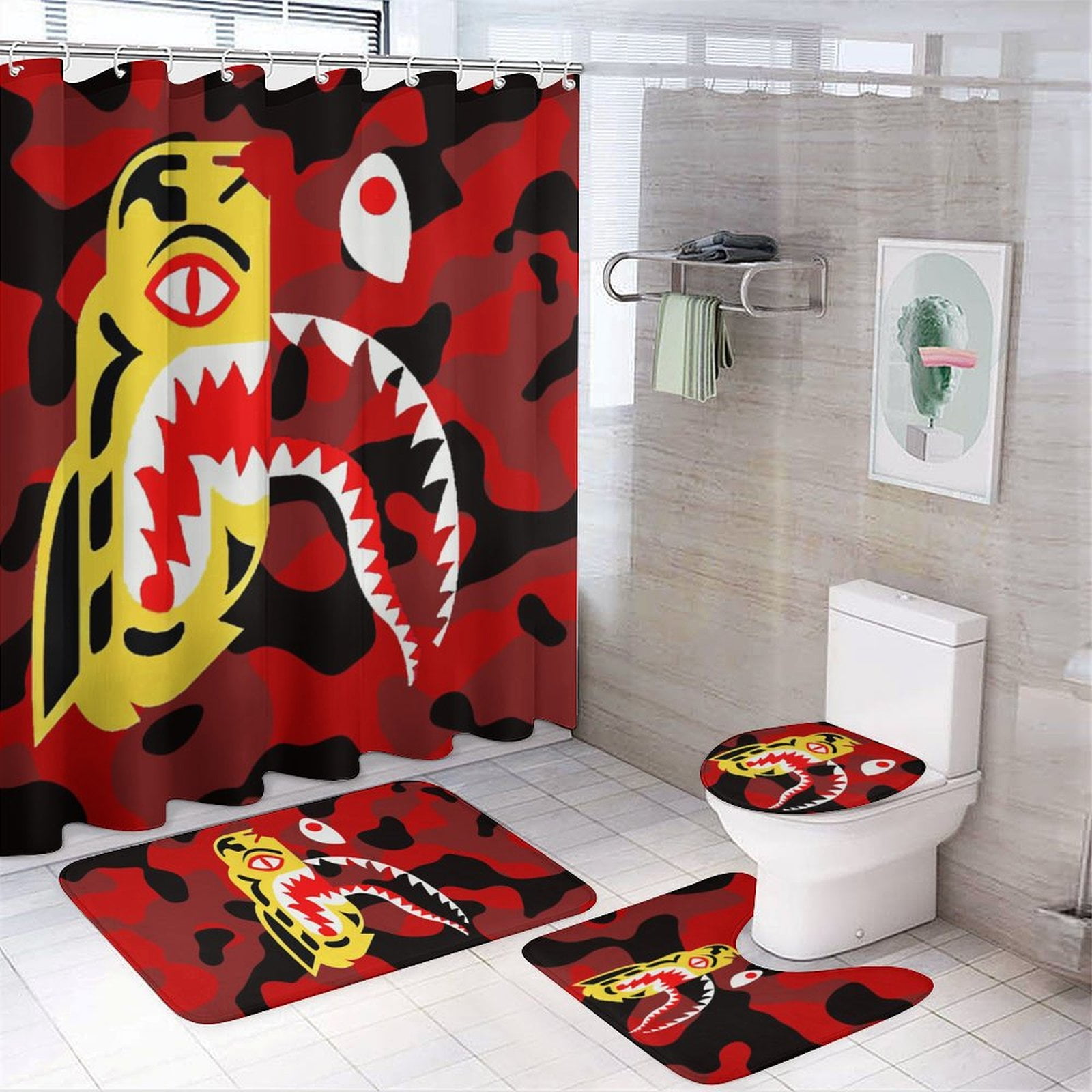 BAPE Camo Shark 4PCS Bathroom Sets Shower Curtain Sets with Toilet Lid Cover U Shaped Mat And Bath Mat