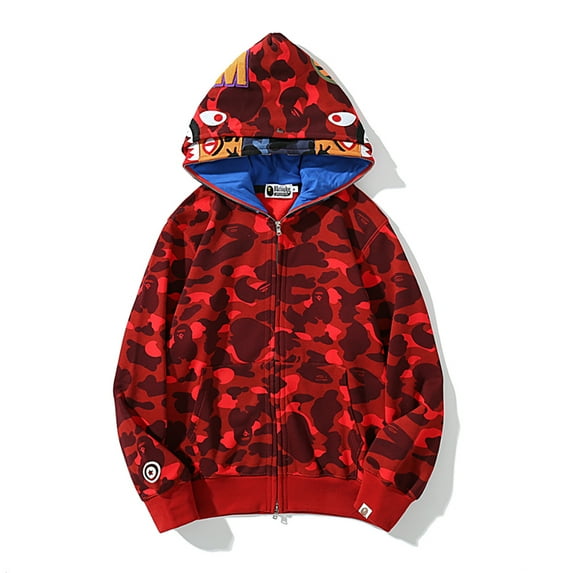 BAPE Shark Cotton Hoodie Street Fashion Camouflage Double Hooded Jacket,CAMO Red