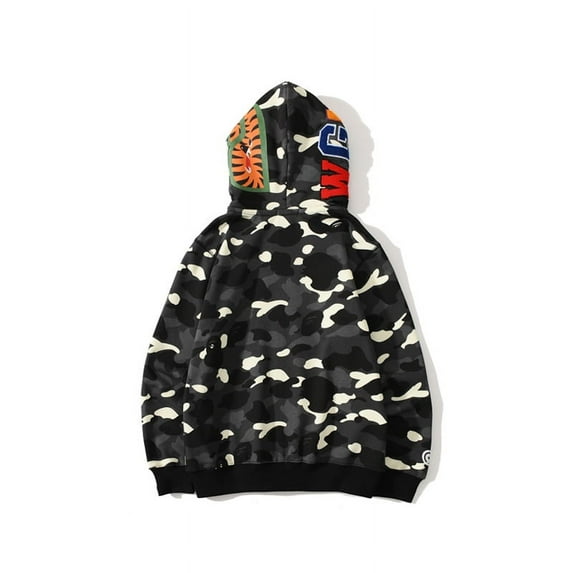 BAPE Shark Cotton Hoodie Street Fashion Camouflage Double Hooded, luminous spots Black
