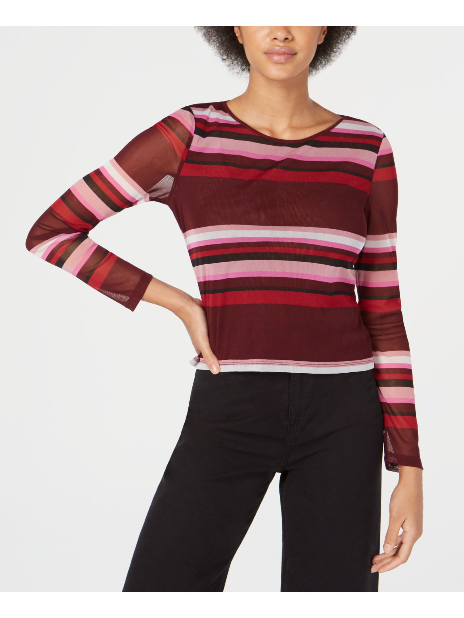 Bar III Striped Bell-Sleeve Sweater Candy Pop XL並行輸入品　送料無料 Bar III Womens Black Striped Mesh Inset Long Sleeve Above The Knee