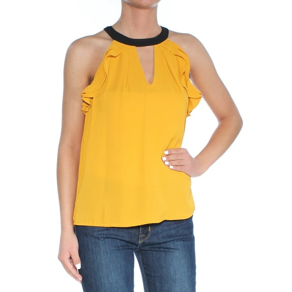 BAR III $49 Womens New 1399 Gold Ruffle Trim Keyhole Sleeveless Top XS B+B