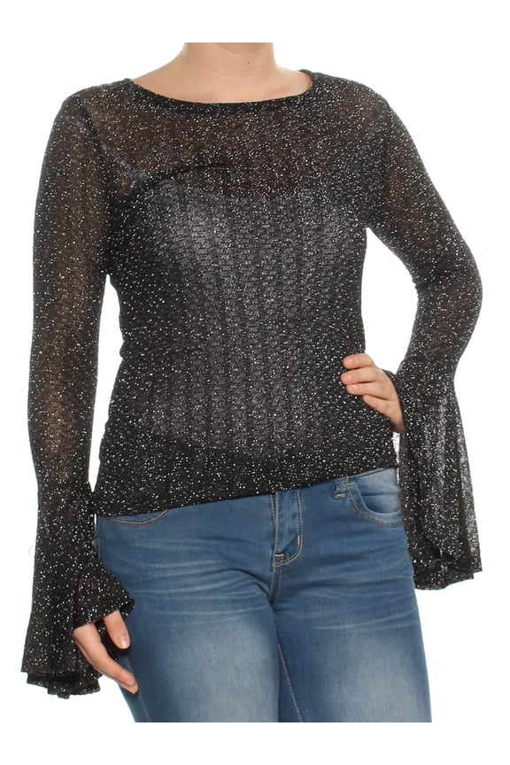 Womens Black Metallic Bell Sleeve Scoop Neck Tunic Sweater Size: XS