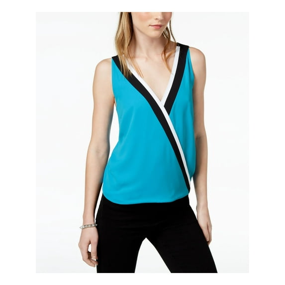 BAR III $59 Womens New 1628 Blue Color Block Sleeveless Faux Wrap Top L B+B