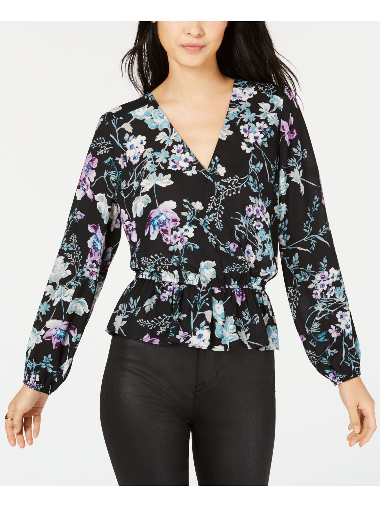◆PAULS BOUTIQUE◆ ARCO BLACK 5008471455 BAR III $59 Womens New Black Floral V Neck Long Sleeve