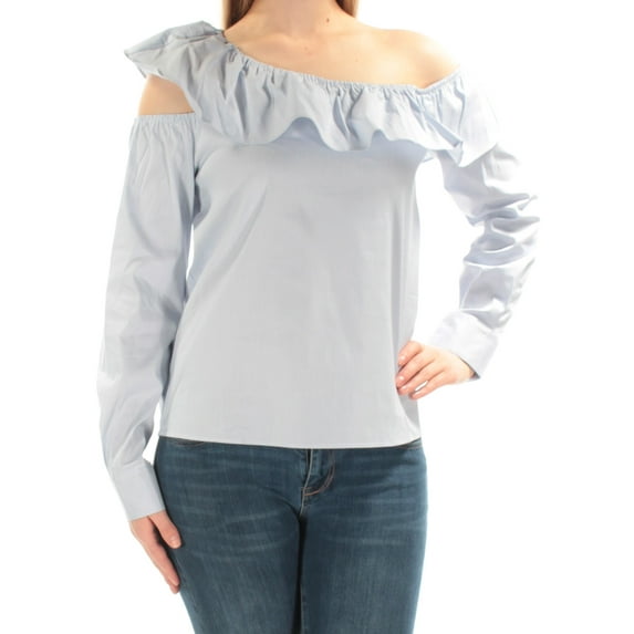 BAR III $60 Womens New 1487 Blue Striped Ruffled Cuffed Off Shoulder Top S B+B