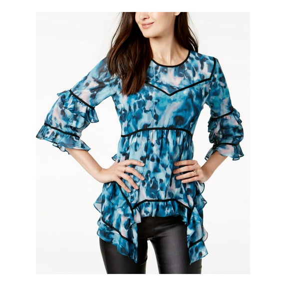 BAR III $69 Womens New 1525 Blue Printed Ruffled 3/4 Sleeve Blouse Top XXL B+B
