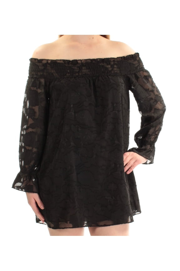 $79 Womens New 1114 Black Floral Textured Long Sleeve Shift Dress S B+B