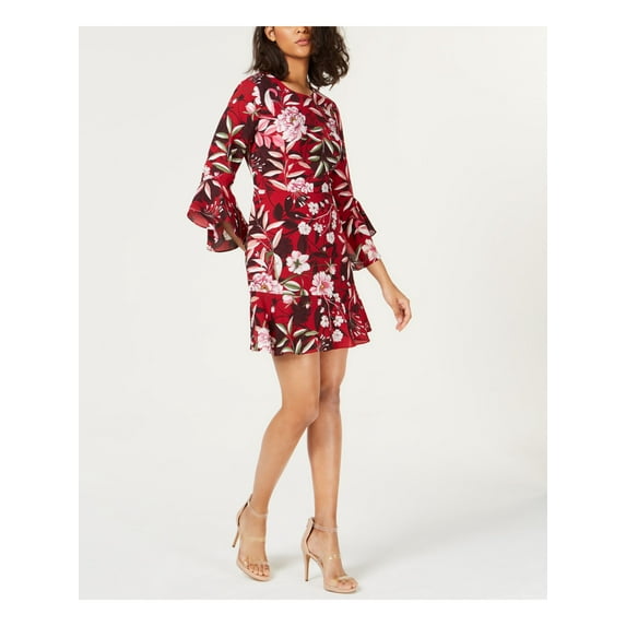 BAR III $80 1062 Red Printed Bell Sleeve Jewel Neck Mini Dress 0 B+B