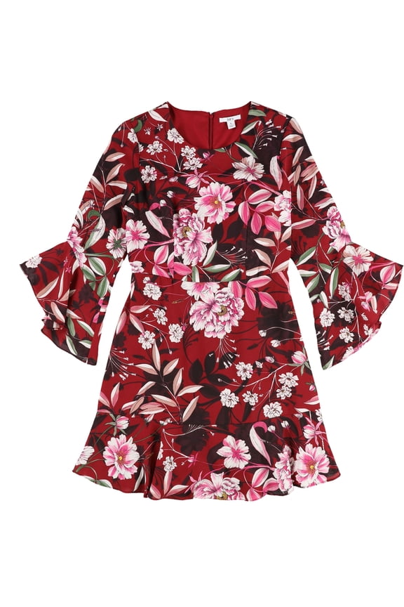 Womens Bell Sleeve Fit & Flare Dress, Red, 10