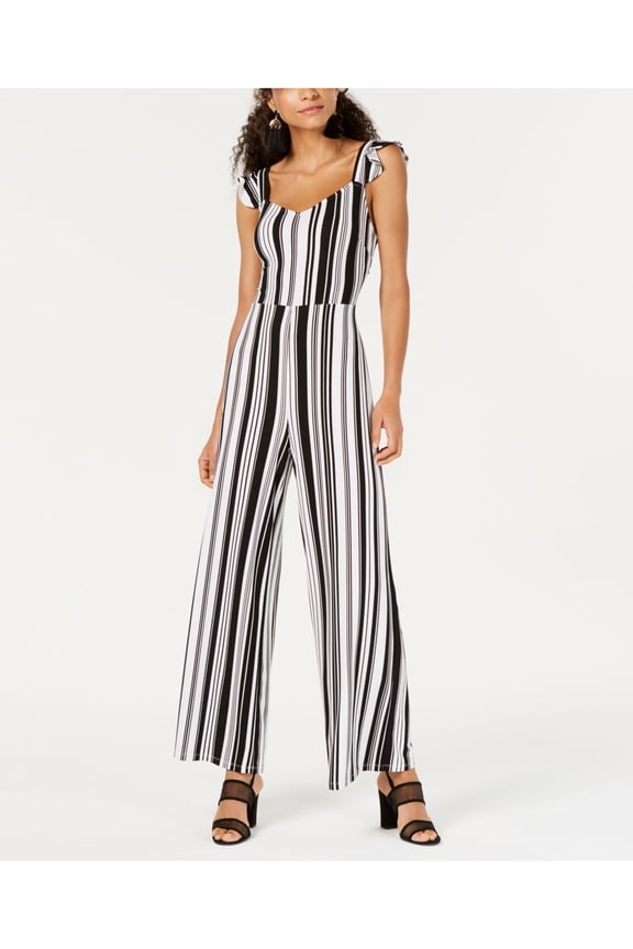 $89 Womens New Black Striped Ruffled Tank Wide Leg Jumpsuit L B+B