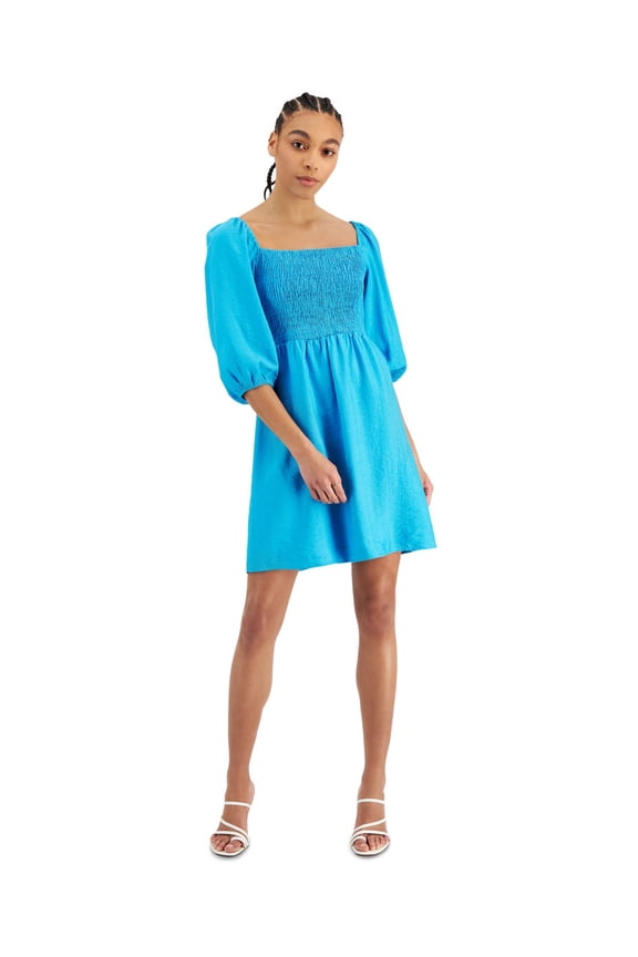DRESSES Womens Blue Smocked Textured Elastic Cuffs Pouf Sleeve Square Neck Short Fit + Flare Dress XS