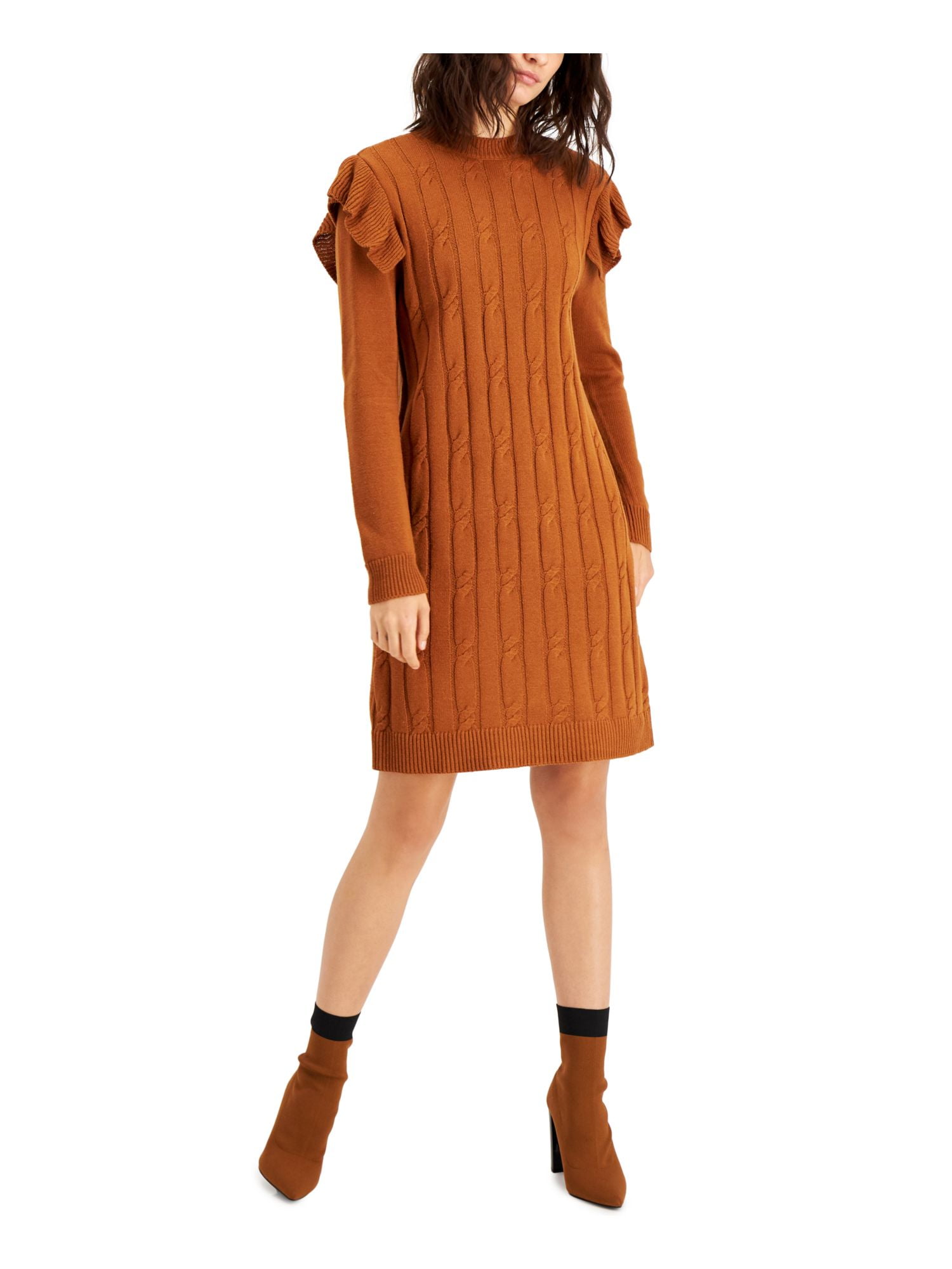 BAR III DRESSES Womens Brown Ruffled Cable knit Front Long Sleeve Crew Neck Above The Knee Sweater Dress XL