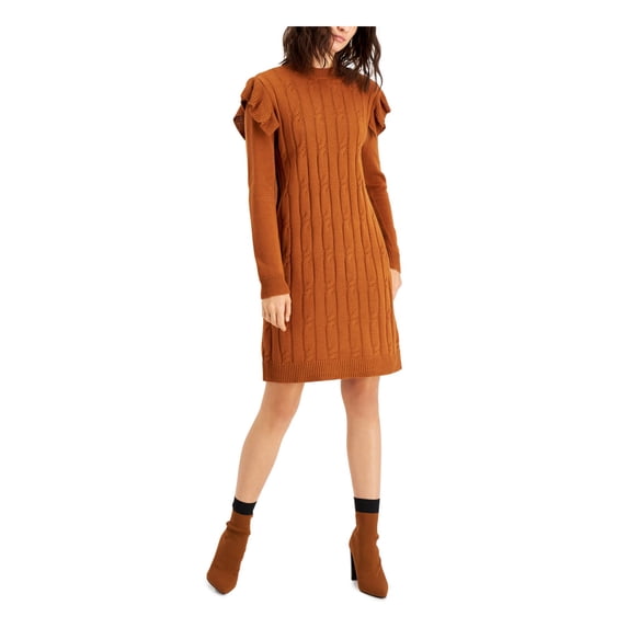 BAR III DRESSES Womens Brown Ruffled Cable-knit Front Long Sleeve Crew Neck Above The Knee Sweater Dress XL