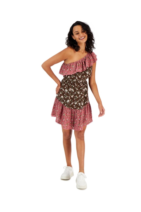 DRESSES Womens Brown Textured Scalloped Elastic Waist Lined Pullover Floral Flutter Sleeve Asymmetrical Neckline Above The Knee Fit + Flare Dress L