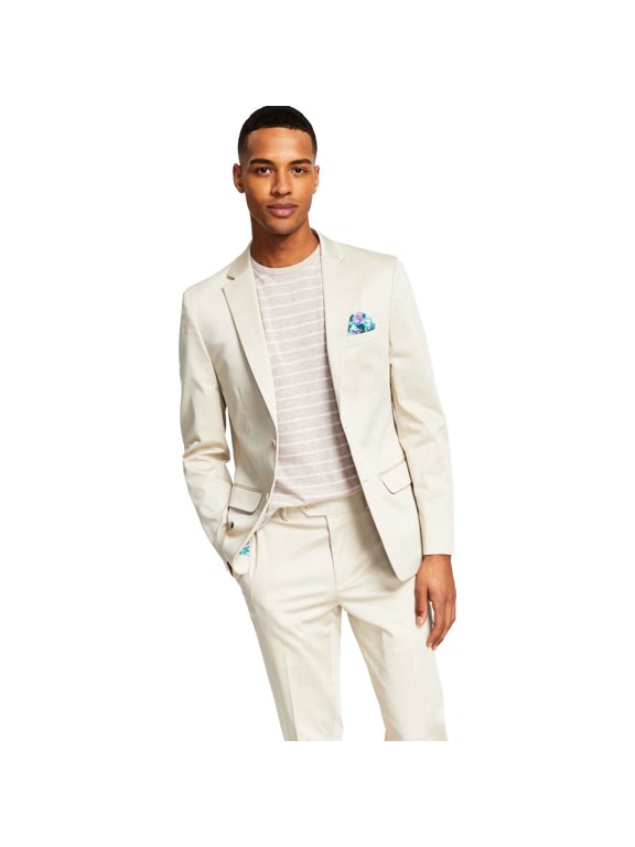 Mens Slim-Fit Cotton Stretch Solid Suit Two Button Blazer Jacket, Beige, 40 Long