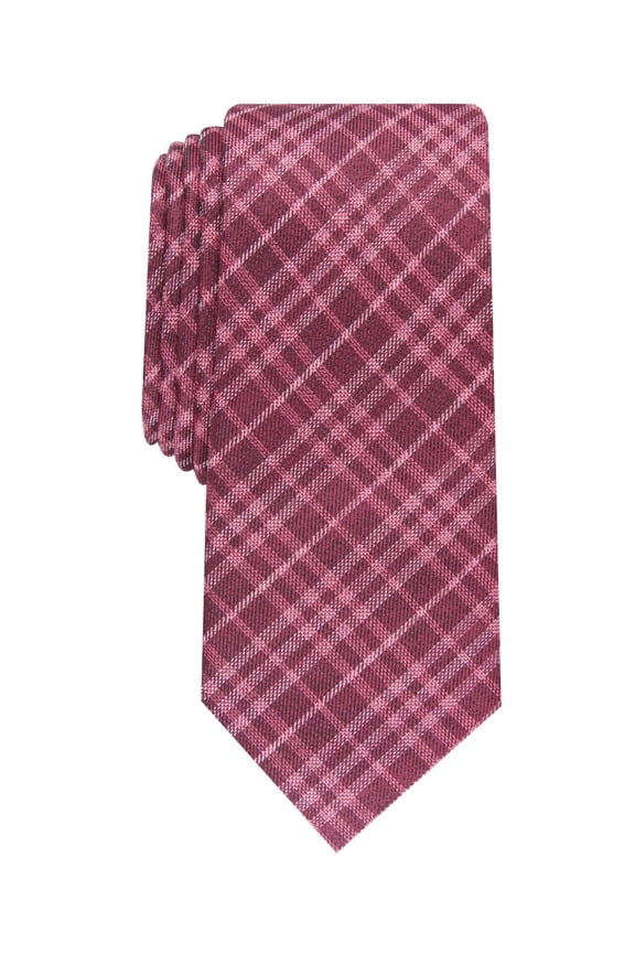 Mens Burgundy Plaid Silk Skinny Neck Tie