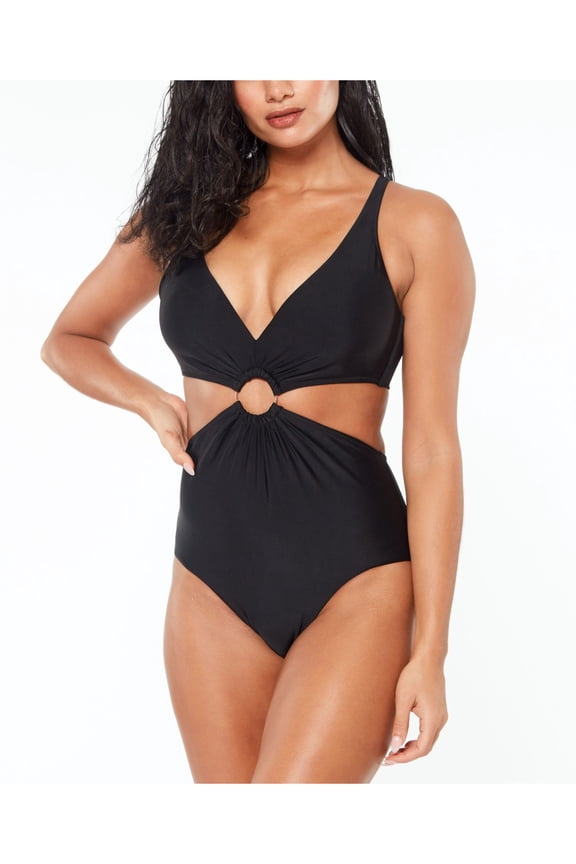 Women's Black Monokini Removable Cups Deep V Neck Ring One Piece Swimsuit M
