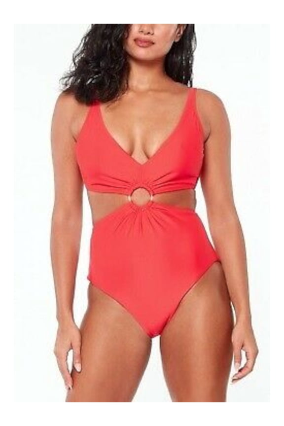 Women's Coral Stretch Ring Removable Cups Deep V Neck Moderate Coverage Monokini Swimsuit XL