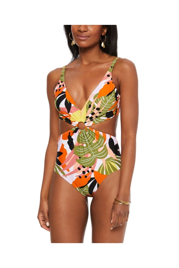 Women's Green Printed Removable Cups Deep V Neck Cutout Ring One Piece Swimsuit M