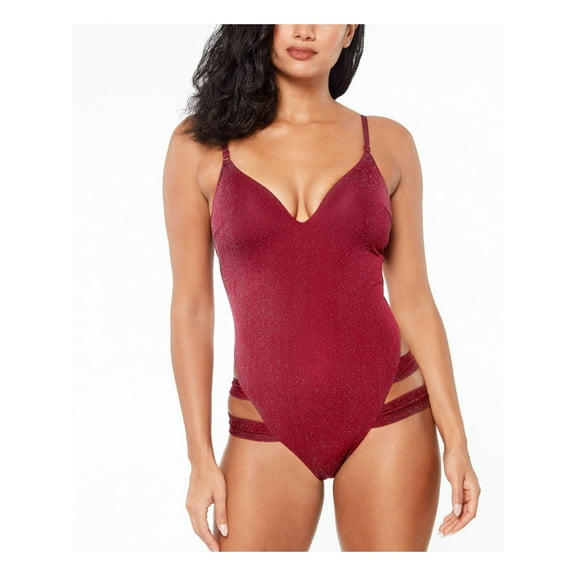 BAR III Women's Maroon Stretch Shimmer Lined Strappy Sweetheart Moderate Coverage One Piece Swimsuit L