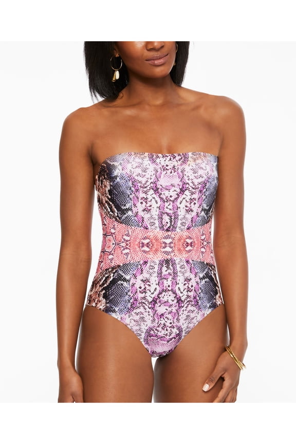 Women's Multi Color Printed Removable Straps Lined Mixed Messages Bandeau One Piece Swimsuit L