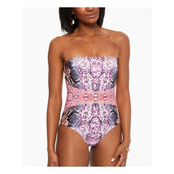 BAR III Women's Multi Color Printed Removable Straps Lined Mixed Messages Bandeau One Piece Swimsuit S