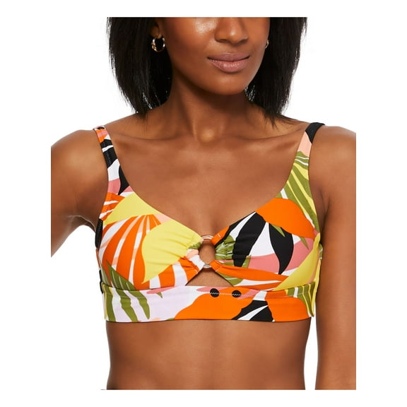 BAR III Women's Multi Color Printed Ring Tie Cutout Lined Deep V Neck Adjustable Swimsuit Top S