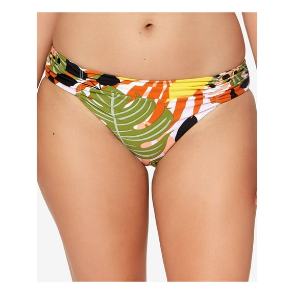 BAR III Women's Multi Color Tropical Print Stretch Ruched Lined Full Coverage Bikini Swimsuit Bottom L