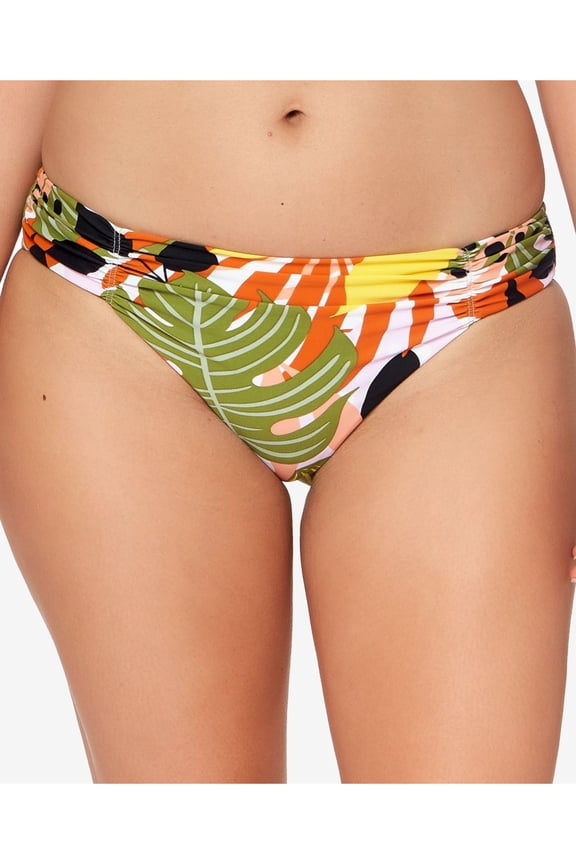 Women's Multi Color Tropical Print Stretch Ruched Lined Full Coverage Bikini Swimsuit Bottom S