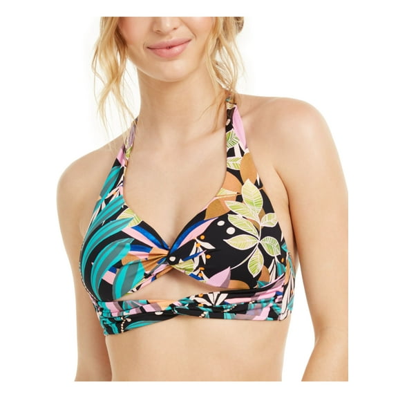 BAR III Women's Pink Tropical Print Stretch Removable Cups Lined Cutout Sweetheart Neck Tie Halter Swimsuit Top S