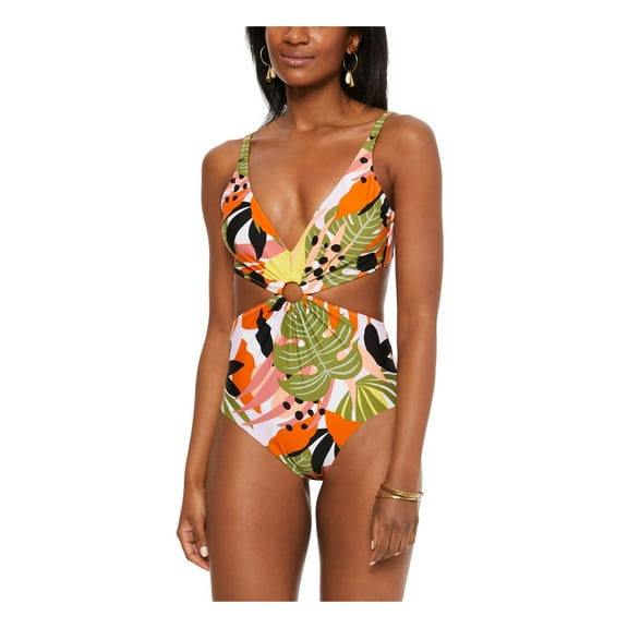 BAR III Women's Purple Printed Removable Cups Deep V Neck Cutout Ring One Piece Swimsuit XL