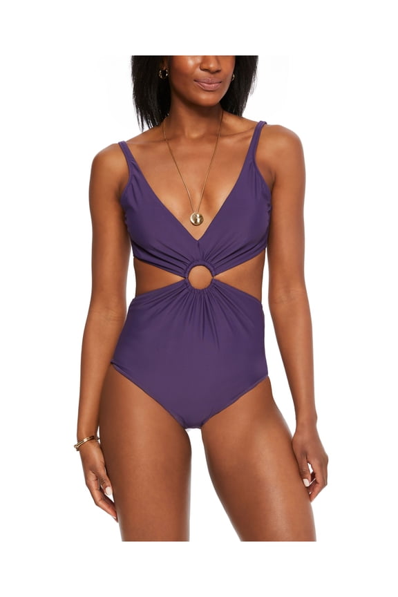 Women's Purple Ring Removable Cups Deep V Neck Monokini Swimsuit S