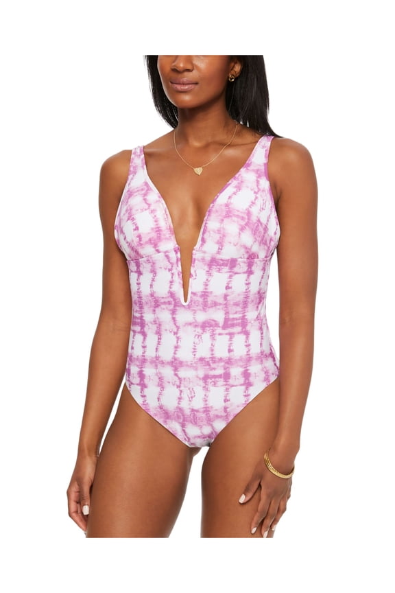 Women's Purple Stretch Plunging V-Neck Open Back V-Wire Moderate Coverage One Piece Swimsuit M