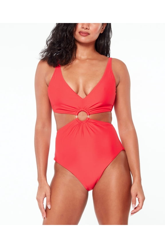 Women's Red Stretch Ring Removable Cups Deep V Neck Moderate Coverage Monokini Swimsuit S