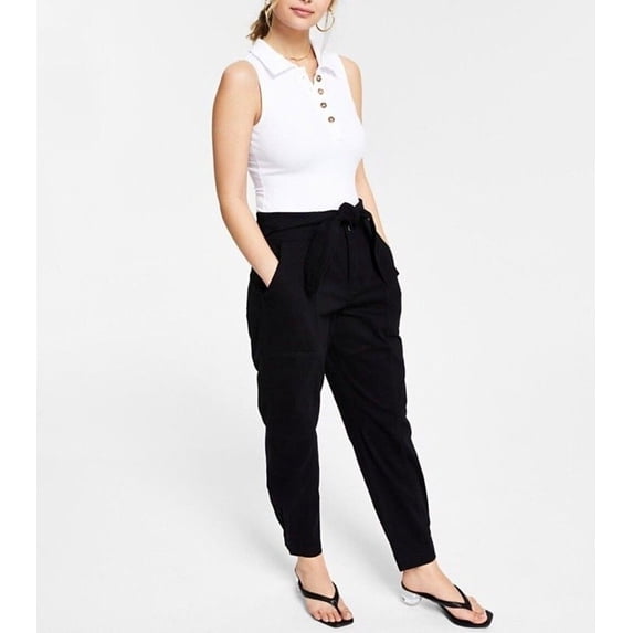 BAR III Women's Tie-Front Tapered Pants Black Pockets Stretch Size XL