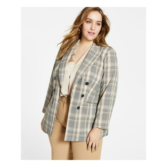 BAR III Womens Beige Open Front Faux Buttons Plaid Blazer Jacket Plus 2X