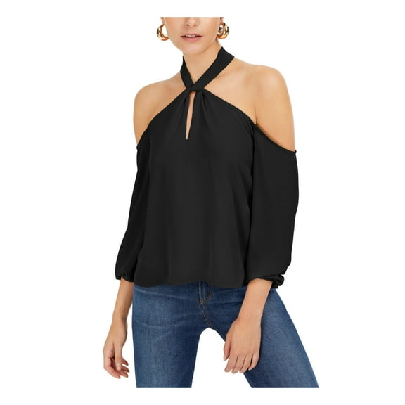 BAR III Womens Black Cold Shoulder Halter Long Sleeve Keyhole Party Blouse XL