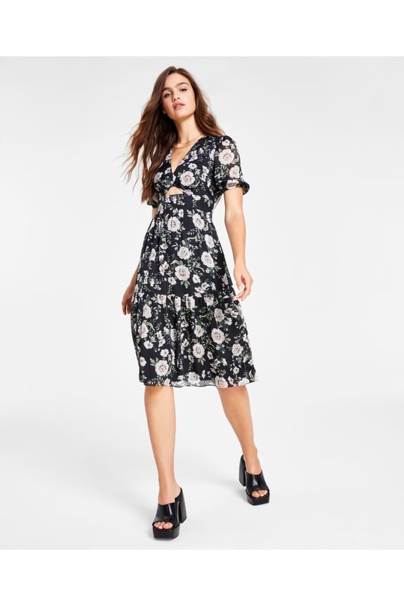 Womens Black Cut Out Smocked Zippered Lined Floral Short Sleeve V Neck Below The Knee A-Line Dress M