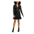 thumbnail image 1 of BAR III Womens Black Embellished Keyhole Back Long Sleeve V Neck Short Fit + Flare Dress S, 1 of 4
