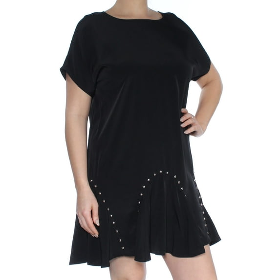 BAR III Womens Black Embellished Short Sleeve Jewel Neck Above The Knee Fit + Flare Dress L