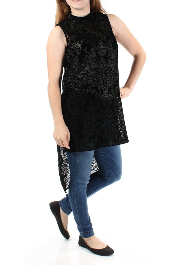 Womens Black Faux Suede Sheer W/o Cami Sleeveless Crew Neck Hi-Lo Top Size: M