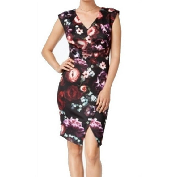BAR III Womens Black Floral Slitted Cap Sleeve V Neck Body Con Dress XS