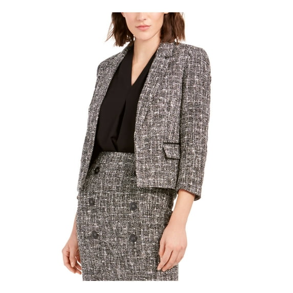 BAR III Womens Black Pocketed Open Front Tweed Wear To Work Suit Jacket 2