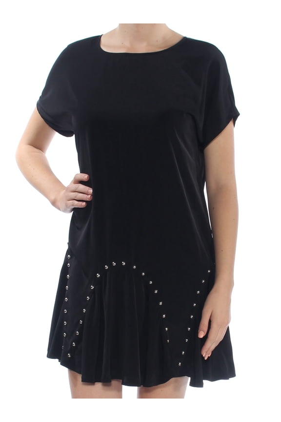 Womens Black Short Sleeve Jewel Neck Above The Knee Fit + Flare Dress S