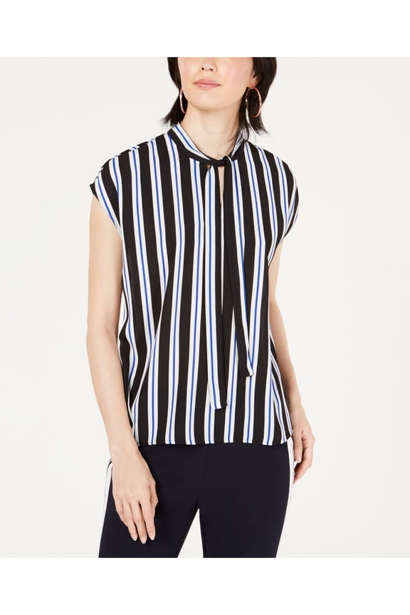 Womens Black Striped Cap Sleeve Tie Neck Top L