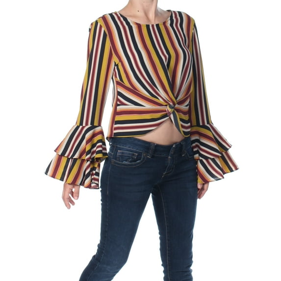 BAR III Womens Black Twist-front Striped Long Sleeve Crew Neck Top XS